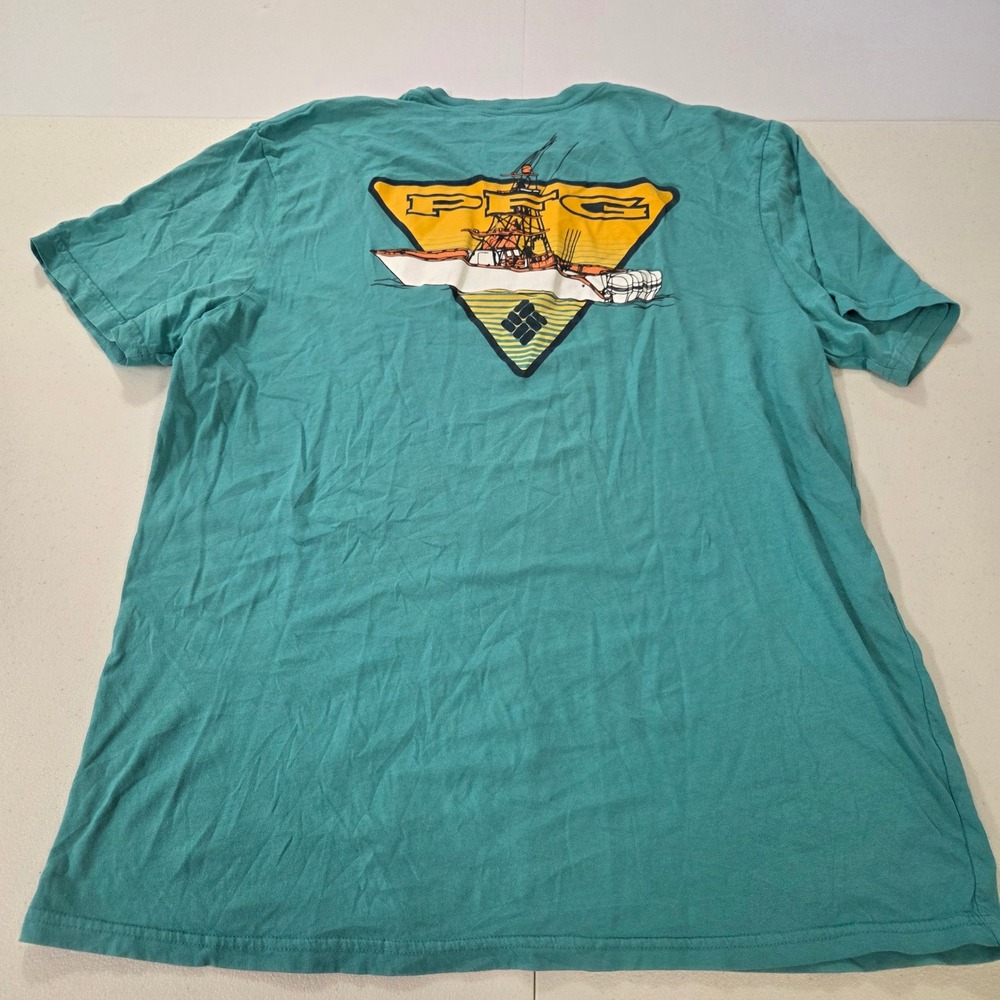 Columbia PFG Mens XL Teal Green Graphic T-Shirt Fishing Boat Short Sleeve Cotton